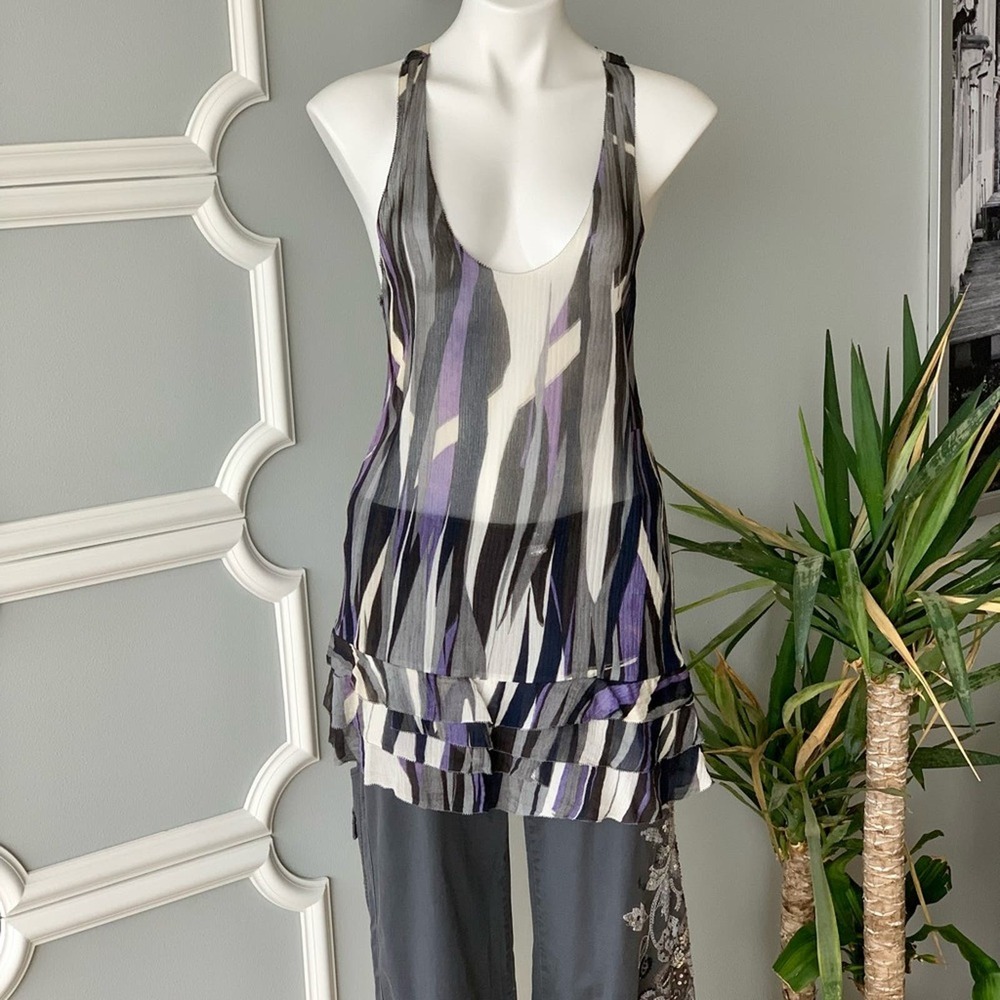7FAM Sheer Silk Geo Print Ruffle Hem Coverup Size Small